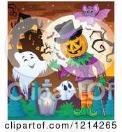 Poster, Art Print Of Waving Halloween Jackolantern Man With Ghosts And A Bat In A Haunted House Cemetery