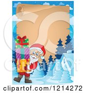 Poster, Art Print Of Parchment Bordered With Santa Carrying Christmas Presents