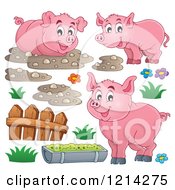 Clipart Of Happy Pigs With Mud A Fence And Slop Royalty Free Vector Illustration