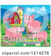Happy Pigs With Mud Puddles And Food In A Barnyard