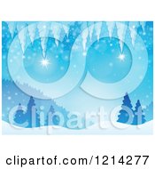 Background Of Winter Icicles Over Snowy Hills And Evergreen Trees