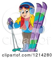 Poster, Art Print Of Happy Blond Cartoon Girl With Ski Gear