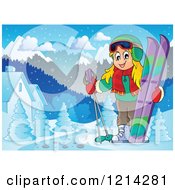 Poster, Art Print Of Happy Blond Cartoon Girl With Ski Gear In A Snowy Village