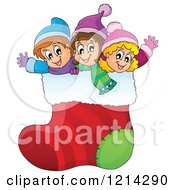 Poster, Art Print Of Happy Cartoon Children Waving In A Giant Christmas Stocking
