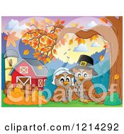 Poster, Art Print Of Owl Thanksgiving Pilgrim Couple By A Barn