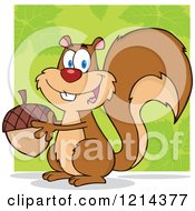 Poster, Art Print Of Happy Squirrel Holding An Acorn Over Green