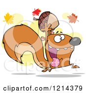 Poster, Art Print Of Hyper Squirrel Holding An Acorn Under Autumn Leaves
