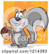 Poster, Art Print Of Happy Gray Squirrel Holding An Acorn Over Orange