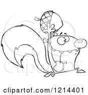 Cartoon Of An Outlined Hyper Squirrel Holding An Acorn Royalty Free Vector Clipart