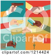 Poster, Art Print Of Hands Holding Tickets Money Cards Keys Writing And A Gun