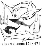 Clipart Of Black And White Sharks And Hooks Royalty Free Vector Illustration