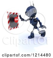 Poster, Art Print Of 3d Blue Android Robot Reaching For A Stop Button
