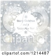 Clipart Of A White Merry Christmas And A Happy New Year Globe Over Silver Bokeh And Snowflakes Royalty Free Vector Illustration
