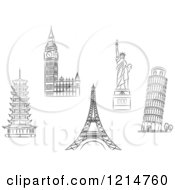 Black And White Sketched Architectural Monuments And Landmarks