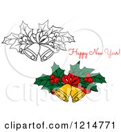 Clipart Of A Happy New Year Greeting And Bells With Holly Royalty Free Vector Illustration