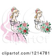 Clipart Of Blond Brides In Pink And White Dresses Royalty Free Vector Illustration