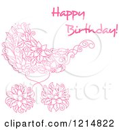 Poster, Art Print Of Pink Floral Doodle Baby Carriage And Happy Birthday Text