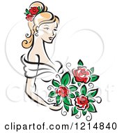 Poster, Art Print Of Blond Bride With Red Roses