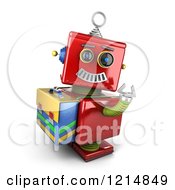 Poster, Art Print Of 3d Vintage Red Robot Waving And Wearing A Satchel