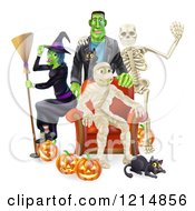 Poster, Art Print Of Witch Frankenstein And Skeleton Around A Seated Mummy With A Black Cat And Halloween Pumpkins