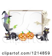 Poster, Art Print Of Happy Witch Skeleton Pumpkins And Black Cats Around A Blank Sign