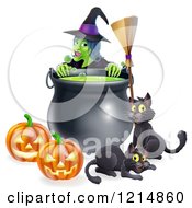 Poster, Art Print Of Green Witch Over A Cauldron With Black Cats A Broomstick And Jackolanterns