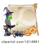 Poster, Art Print Of Witch Pointing To A Scroll Sign With Black Cats Halloween Pumpkins And A Broomstick