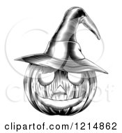 Clipart Of A Black And White Halloween Woodcut Jackolantern Pumpkin Wearing A Witch Hat Royalty Free Vector Illustration by AtStockIllustration