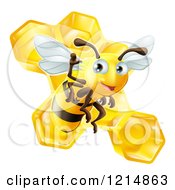 Poster, Art Print Of Friendly Cute Bee Waving Over Honeycombs