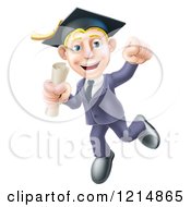 Poster, Art Print Of Happy Blond Graduate Business Man Jumping Wearing A Graduation Cap And Holding A Diploma 2