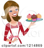 Clipart Of A Happy White Baker Woman Holding A Tray Of Cupcakes Royalty Free Vector Illustration by peachidesigns