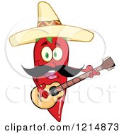 Poster, Art Print Of Hispanic Red Hot Chili Pepper Character With A Mustache Wearing A Sombrero And Playing A Guitar