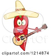 Poster, Art Print Of Hispanic Red Hot Chili Pepper Character Wearing A Sombrero And Playing A Guitar