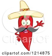 Cartoon Of A Waving Hispanic Red Hot Chili Pepper Character With A Mustache Wearing A Sombrero Royalty Free Vector Clipart