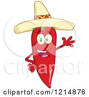 Poster, Art Print Of Waving Hispanic Red Hot Chili Pepper Character Wearing A Sombrero
