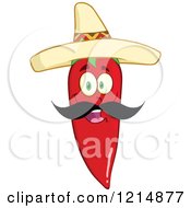 Cartoon Of A Hispanic Red Hot Chili Pepper Character With A Mustache Wearing A Sombrero Royalty Free Vector Clipart