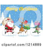 Poster, Art Print Of Merry Christmas Greeting Over An Elf Reindeer And Santa With Gifts And A Sack In The Snow