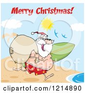 Poster, Art Print Of Merry Christmas Greeting Over Santa Running With A Sack And Surfboard On A Beach