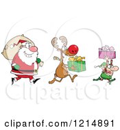 Poster, Art Print Of Christmas Elf Reindeer And Santa With Gifts And A Sack