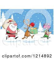 Poster, Art Print Of Christmas Elf Reindeer And Santa With Gifts And A Sack In The Snow