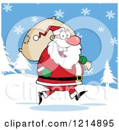 Poster, Art Print Of Happy Santa Carrying A Christmas Sack In The Snow