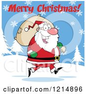 Cartoon Of A Merry Christmas Greeting Over Santa Carrying A Sack In The Snow Royalty Free Vector Clipart