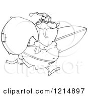 Cartoon Of An Outlined Happy Santa Running With A Sack And Surfboard On A Beach Royalty Free Vector Clipart