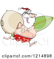 Cartoon Of A Happy Santa Running With A Sack And Surfboard Royalty Free Vector Clipart