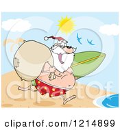 Poster, Art Print Of Happy Santa Running With A Sack And Surfboard On A Beach
