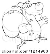 Cartoon Of An Outlined Christmas Bear Santa Running With A Sack Royalty Free Vector Clipart