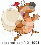 Cartoon Of A Christmas Bear Santa Running With A Sack Royalty Free Vector Clipart