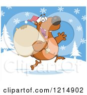 Poster, Art Print Of Brown Christmas Bear Santa Running With A Sack In The Snow