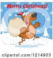 Cartoon Of A Merry Christmas Greeting Over A Bear Santa Running With A Sack Royalty Free Vector Clipart