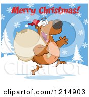 Poster, Art Print Of Merry Christmas Greeting Over A Bear Santa Running With A Sack